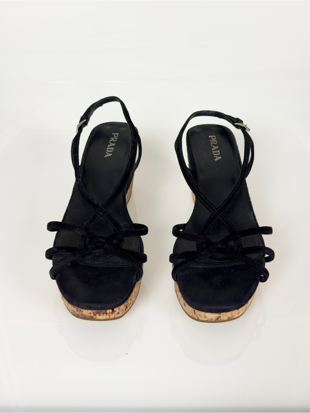 Prada Black Suede Strappy Cork Platform Wedge Sandals